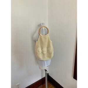 VTG y2k 2000s 90s Crochet Knit Boho Beach Bag Flower Wood Tote Newport News